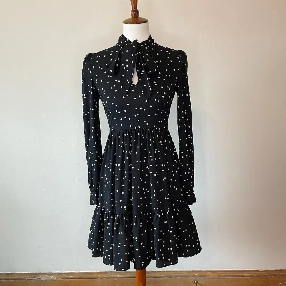 KATE SPADE NY BLACK SCATTER DOT BOW  RUFFLE SHIRT DRESS SIZE 4 FIT FLARE